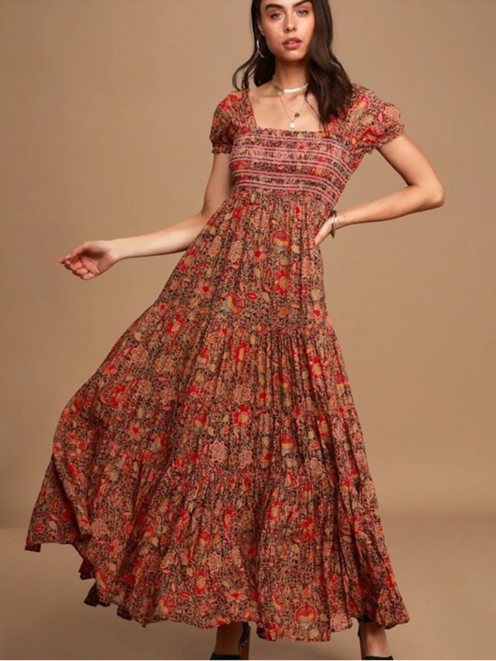NWT, Free People Getaway, Orange/Red, Smocked, Tiered Maxi Skirt